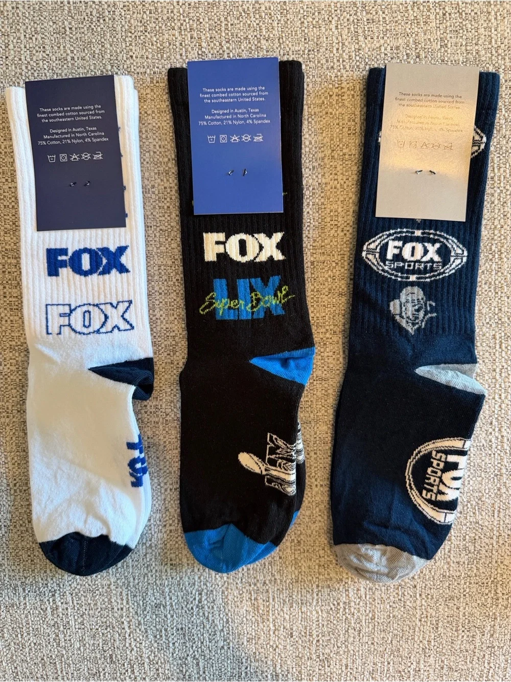 Fox Sports Super Bowl Men’s Crew Socks 3-Pack — White, Black, Navy NWT